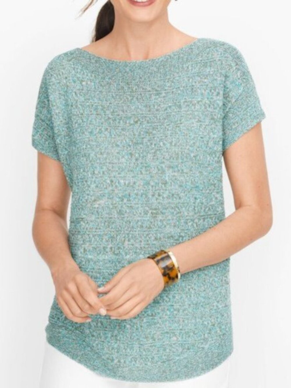 Talbots Aqua Marled Knit Short Sleeve Top Boat Neck Dolman Linen